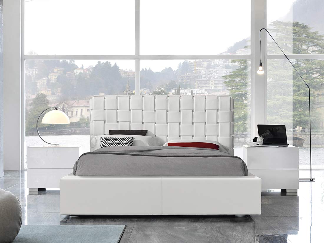 Modern White Eco Leather Bed With Woven, Woven Leather Headboard